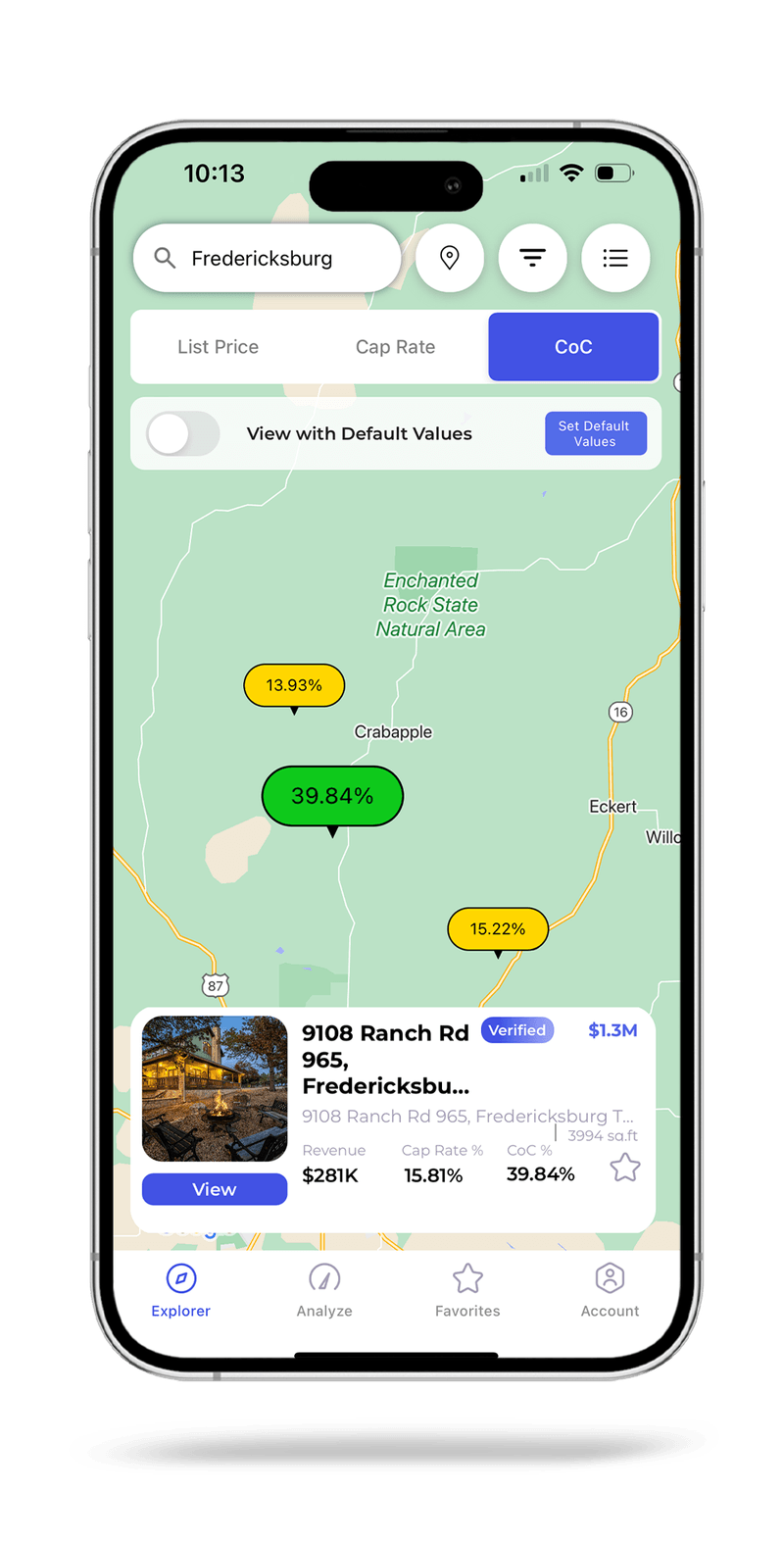 strIQ app showing property analysis map with cash-on-cash returns in Fredericksburg, TX