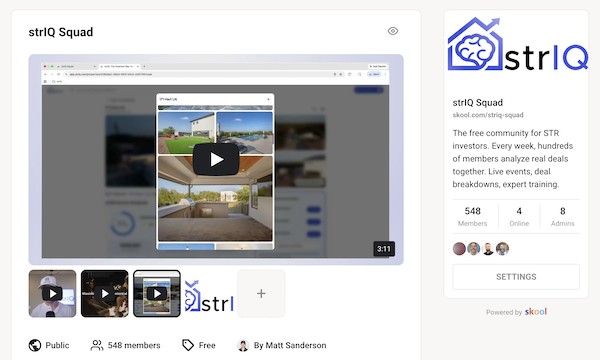 strIQ Squad community on Skool showing member discussions and live video